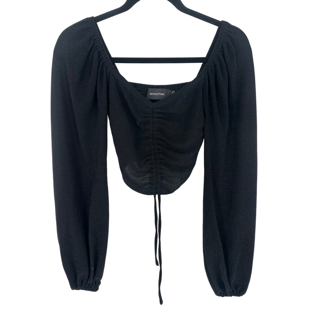 MINKPINK Black Metallic Cropped Blouse Balloon Sleeve Whimsygoth Party Womens XS